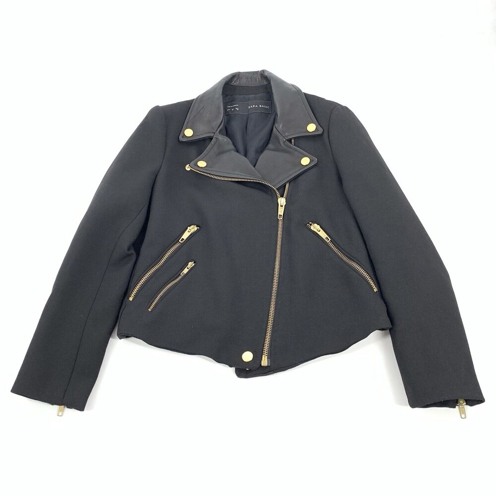Zara Leather Collar Biker Jacket Size Large Womens Solid Black Gold Hardware L